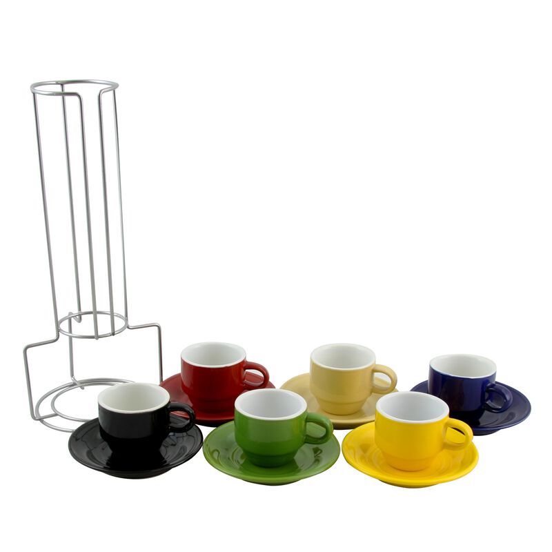 Gibson Sensations 13 Piece Stackable Non-Toxic Ceramic Small Espresso Cup Set with Saucers and Metal Wire Rack in Assorted Colors