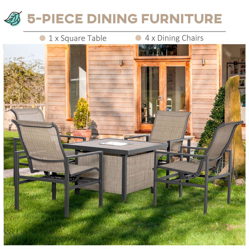 5-Piece Rattan Patio Dining Set Outdoor Wicker Furniture Set 4 Rocking Chairs & Square Table with Metal Ice Bucket, Beige