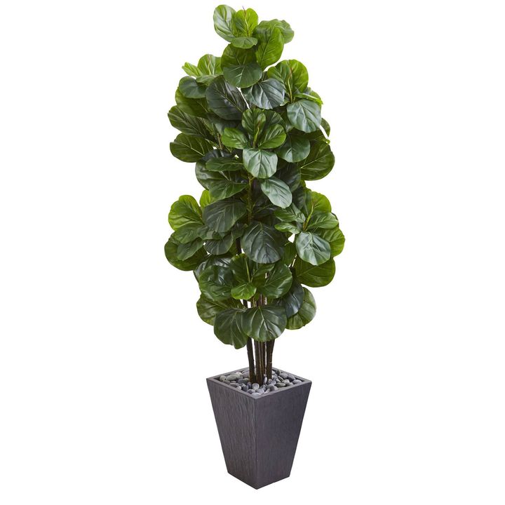 Nearly Natural 6-ft Fiddle Leaf Fig Artificial Tree in Slate Planter