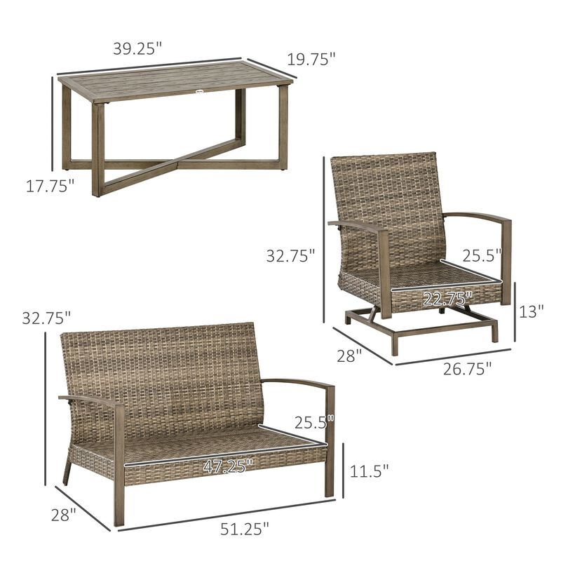 4 Piece Patio Furniture Set with Cushions, Outdoor Conversation Sets with Rattan Rocking Chair, Wicker Loveseat and Aluminum Coffee Table for Backyard, Lawn and Pool, Light Gray