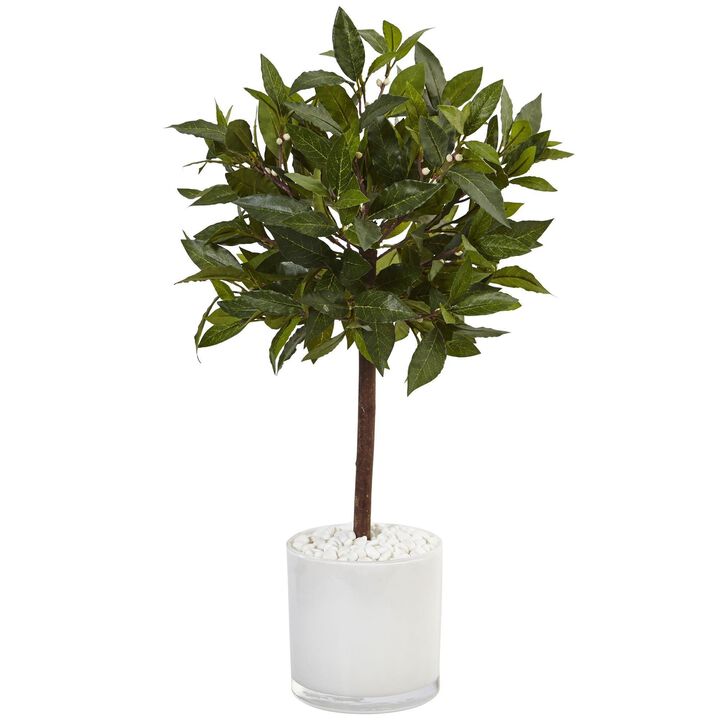 Nearly Natural 2-ft Sweet Bay Tree in White Cylinder
