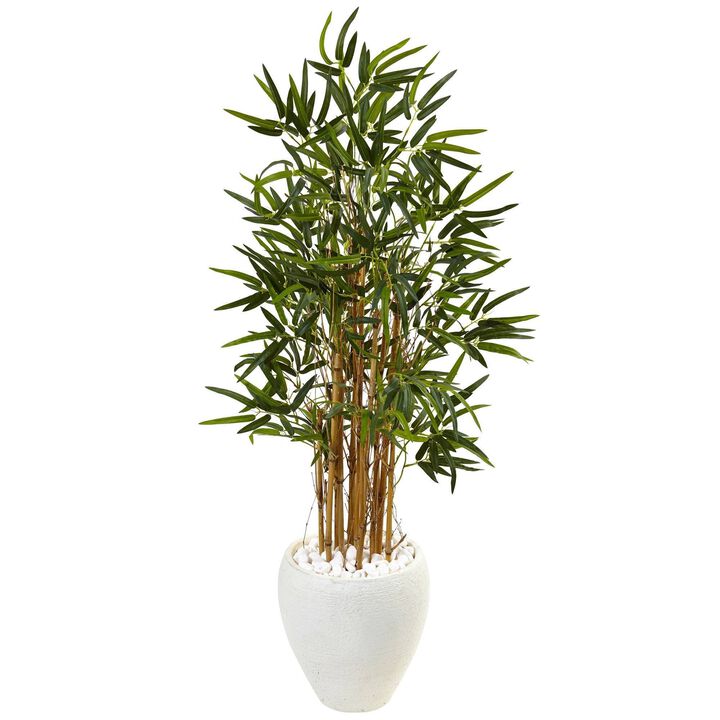 Nearly Natural 4-ft Bamboo Tree in White Oval Planter