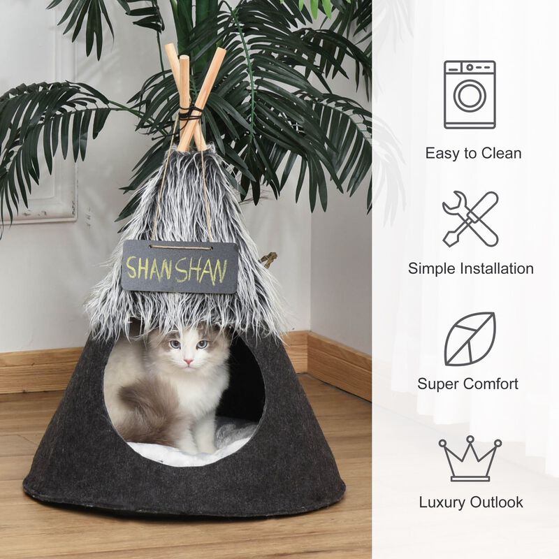 Pet Teepee Tent Cat Bed Dog House with Thick Cushion Chalkboard for Kitten and Puppy up to 13lbs 28inch Grey