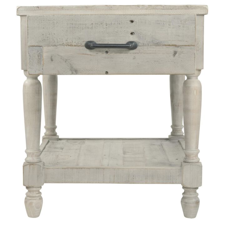 Plank Style End Table with 1 Drawer and Open Bottom Shelf, Washed White-Benzara