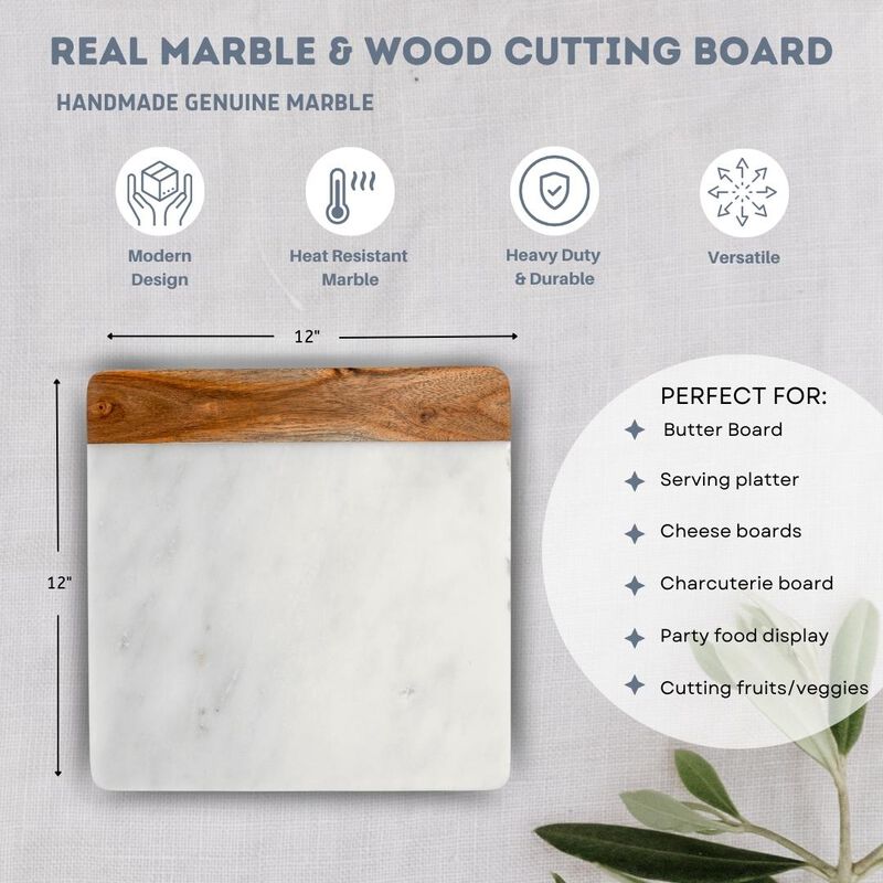 12 x 12 White Marble and Wood Accent Charcuterie Board