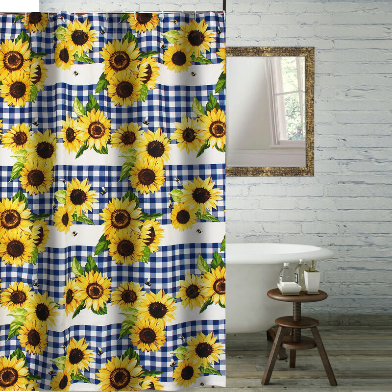 Oslo 72 Inch Shower Curtain, Yellow Sunflower Plaid Print, Button Holes-Benzara