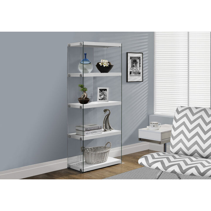 Monarch Specialties I 3289 Bookshelf, Bookcase, Etagere, 5 Tier, 60"H, Office, Bedroom, Tempered Glass, Laminate, Glossy White, Clear, Contemporary, Modern