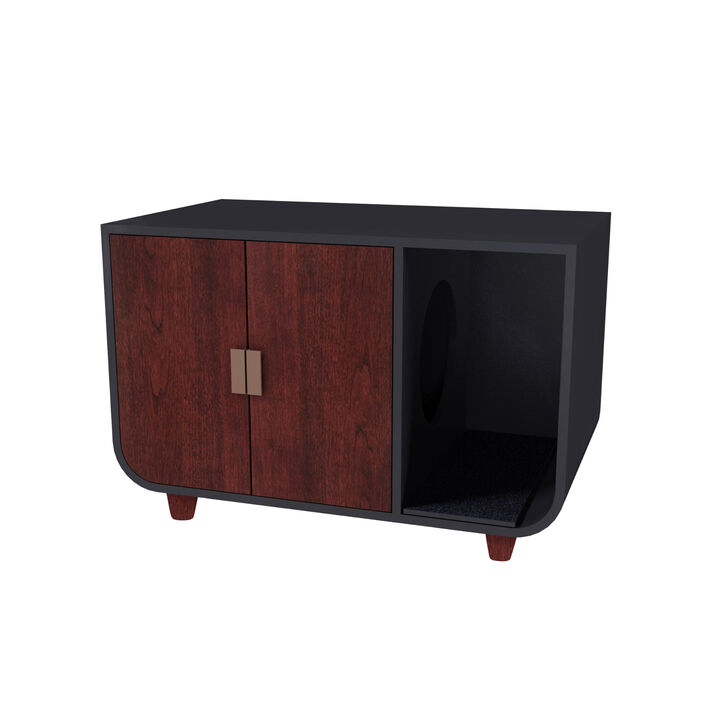 Teamson Pets Dyad Large Mid Century Wooden Cat Litter Box Cabinet and Side Table, Mocha Walnut