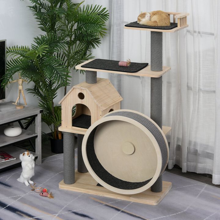 58.25" Luxury Pine Wood Cat Tree Activity Center with Sisal Scratching Posts Board Perches Roomy Condo Carpet Cushion Rotating Runner  Natural