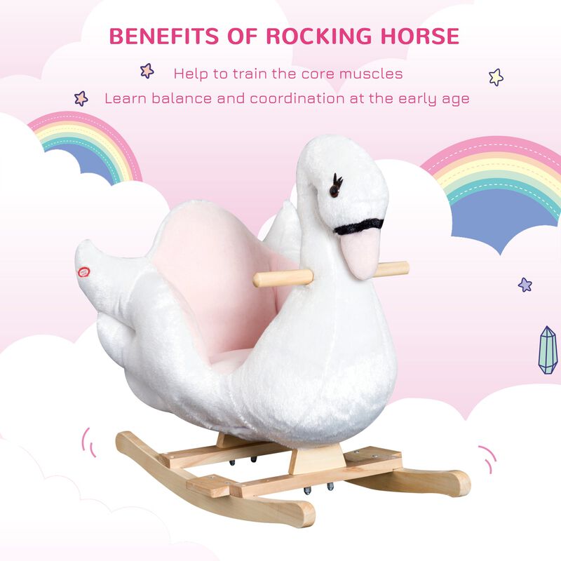 Kids Ride On Rocking Horse Plush Swan Style Toy with Music for Over 18 Months Children, White and Pink