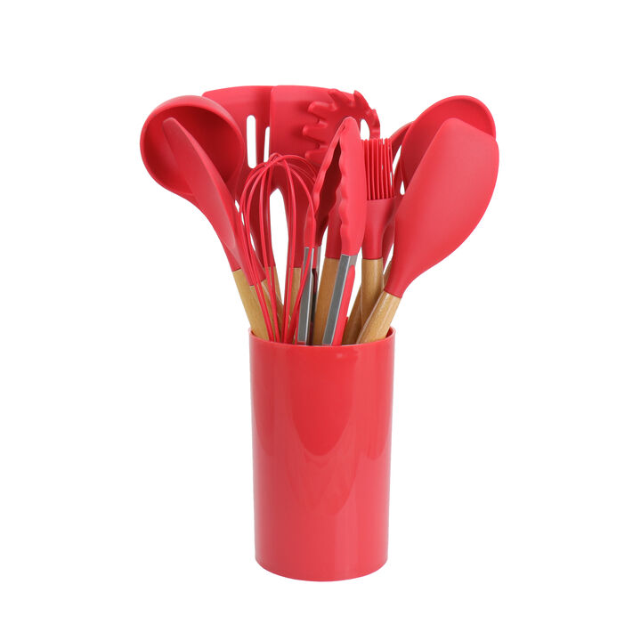 MegaChef Red Silicone and Wood Cooking Utensils, Set of 12