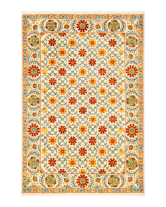 Suzani, One-of-a-Kind Hand-Knotted Area Rug  - Ivory, 5' 2" x 7' 7"