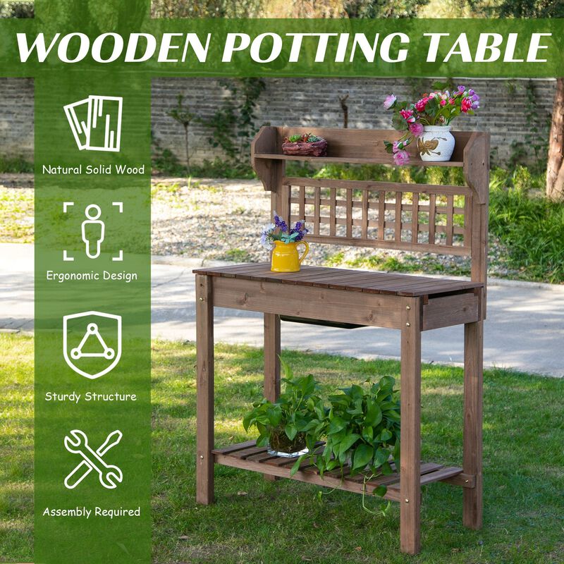 39'' Wooden Garden Potting Bench Work Table with Hidden Storage, Sliding Tabletop, Below Clapboard, Upper Shelf, Brown