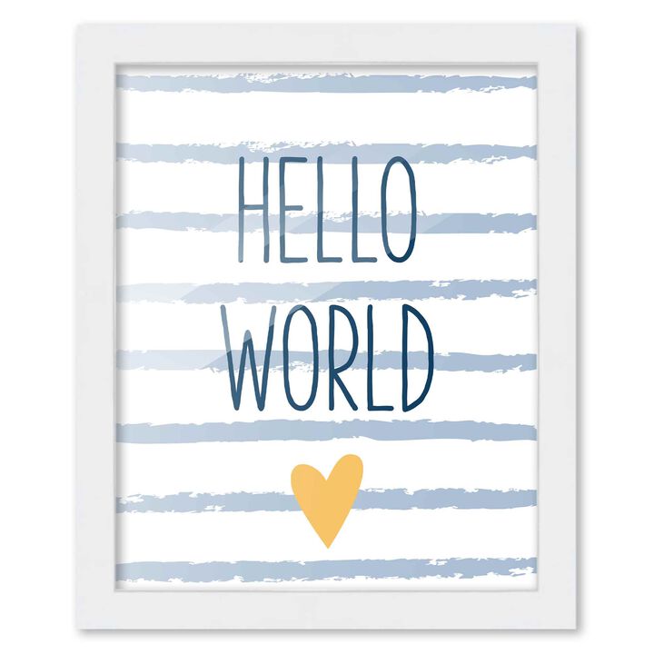 8x10 Framed Nursery Wall Adventure Boy Hello World Poster in White Wood Frame For Kid Bedroom or Playroom