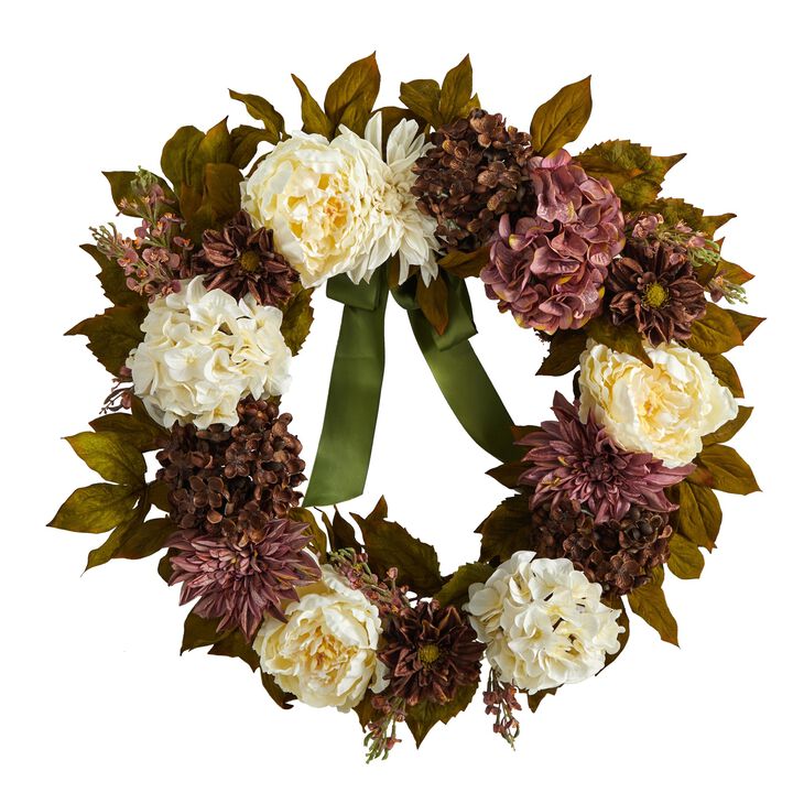 Nearly Natural 24-in Peony, Dahlia and Hydrangea Artificial Wreath