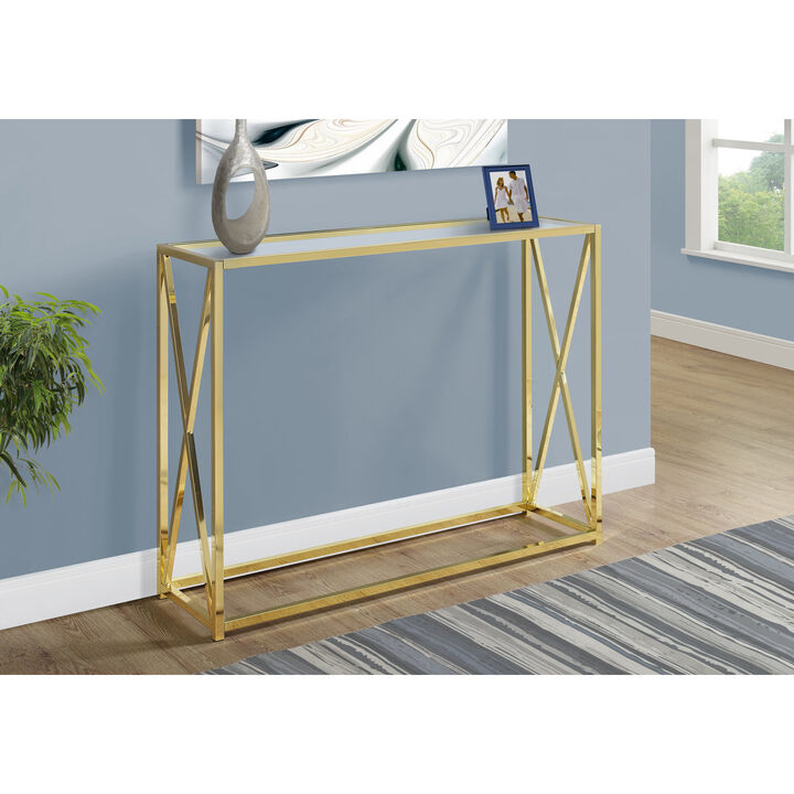 Monarch Specialties I 3446 Accent Table, Console, Entryway, Narrow, Sofa, Living Room, Bedroom, Metal, Tempered Glass, Gold, Clear, Contemporary, Modern