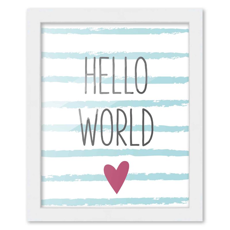 8x10 Framed Nursery Wall Adventure Girl Hello World Poster in White Wood Frame For Kid Bedroom or Playroom