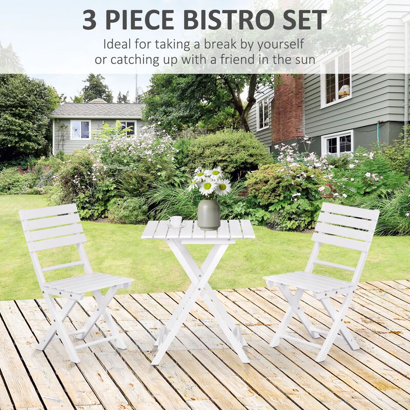 3 Piece Patio Bistro Set, Folding Outdoor Chairs and Table Set, Pine Wood Frame for Poolside Garden, White