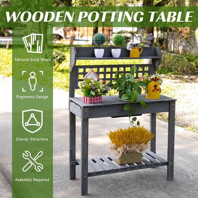 39'' Wooden Garden Potting Bench Work Table with Hidden Storage, Sliding Tabletop, Below Clapboard, Upper Shelf, Grey