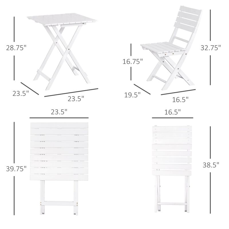 3 Piece Patio Bistro Set, Folding Outdoor Chairs and Table Set, Pine Wood Frame for Poolside Garden, White
