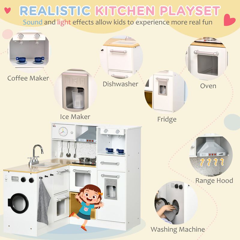 2Pcs Kids Play Kitchen Set with Lights Sounds, Kids Kitchen Playset with Stool, Oven, Coffee Maker, Ice Maker, Washing Machine, Microwave, Range Hood, Refrigerator, Sink, Utensils, White