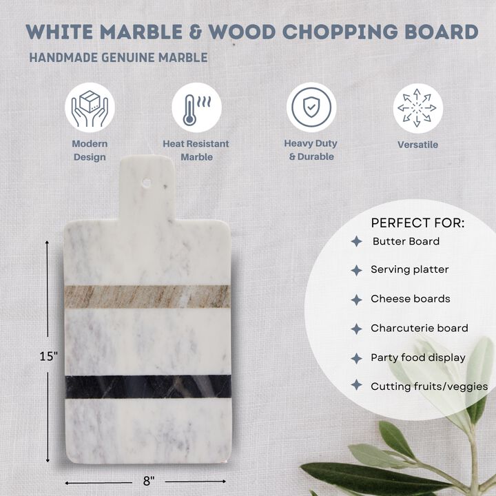 14 x 7.75 White Striped Marble Charcuterie Board with Handle