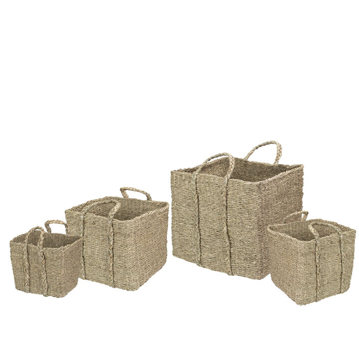 Set of 4 Rustic Beige Square Wicker Table and Floor Baskets