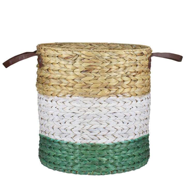 16" Beige  White and Teal Braided Wicker Basket with Handles