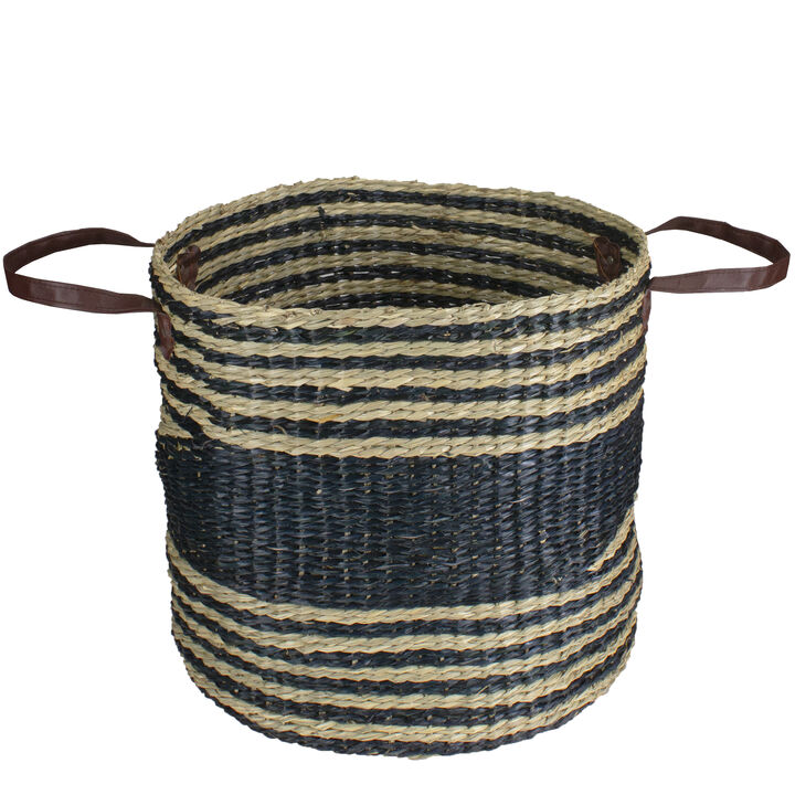 15" Beige and Black Woven Seagrass Basket with Handles