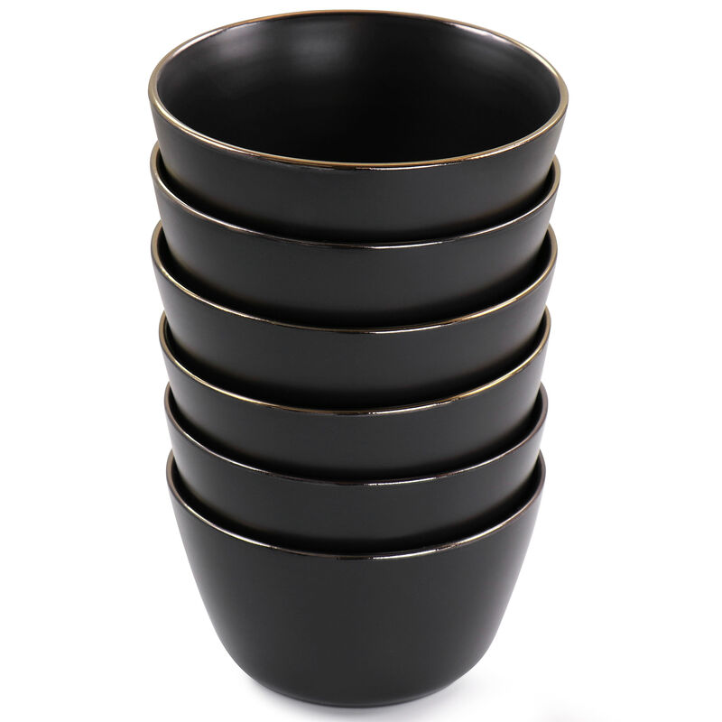 Elama Paul 6 Piece Stoneware Bowl Set in Matte Black with Gold Rim