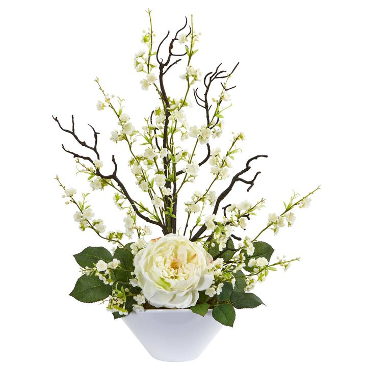 Nearly Natural 23-in Rose & Cherry Blossom Artificial Arrangement