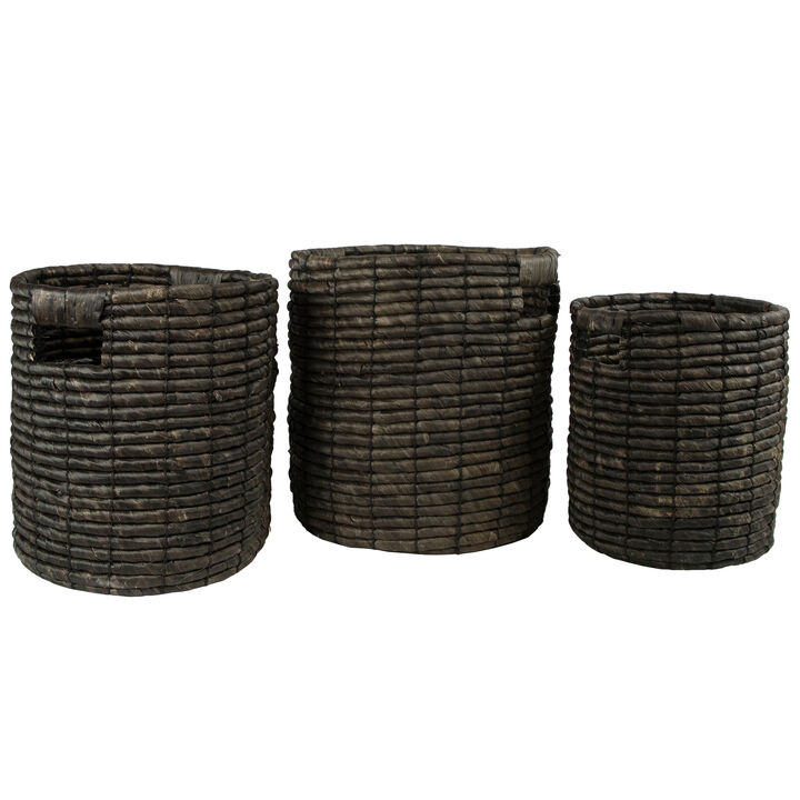 Set of 3 Dark Brown Natural Woven Table and Floor Cylindrical Seagrass Baskets