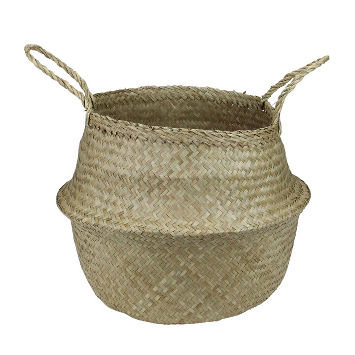 15" Brown Seagrass Wide Belly Wicker Basket with Handles