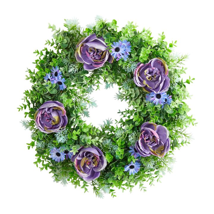 Nearly Natural 22-in Purple Rose, Blue Daisy and Greens Artificial Wreath