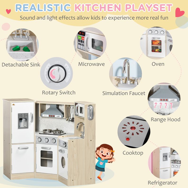 Wooden Play Kitchen with Lights, Sounds, Corner Kids Kitchen Playset with Play Phone, Ice Maker, Microwave, Range Hood, Refrigerator, Utensils, Gift for Ages 3-6, White
