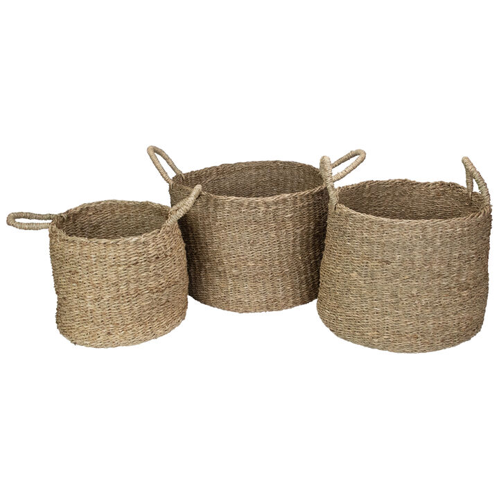 Set of 3 Natural Beige Round Seagrass Table and Floor Baskets