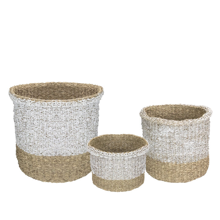 Set of 3 Beige and White Round Wicker Table and Floor Baskets