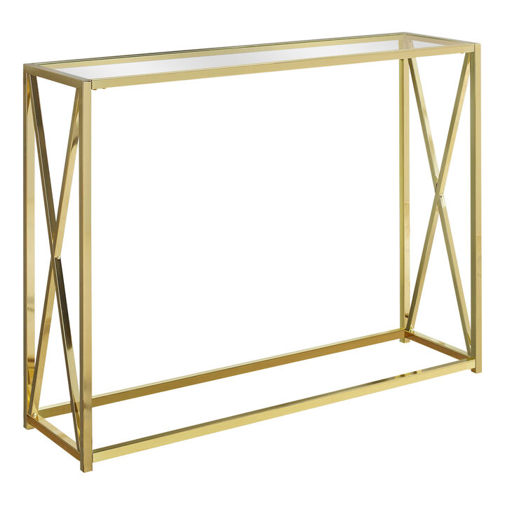 Monarch Specialties I 3446 Accent Table, Console, Entryway, Narrow, Sofa, Living Room, Bedroom, Metal, Tempered Glass, Gold, Clear, Contemporary, Modern