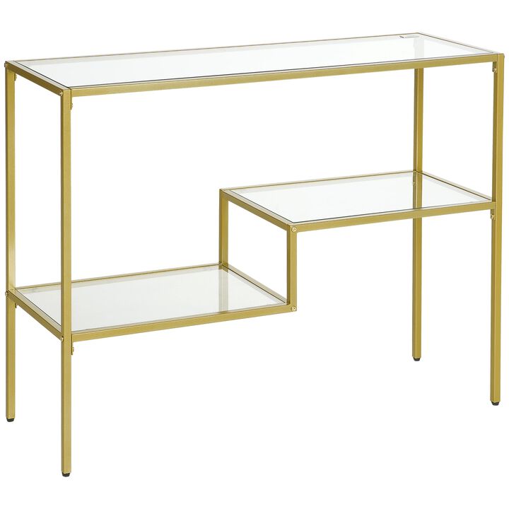 Gold Console Table, 39" Tempered Glass Sofa Table, Narrow Entryway Table with Storage Shelves, Steel Frame for Living Room, Hallway