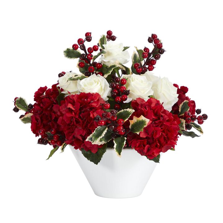 Nearly Natural 17-in Rose, Hydrangea and Holly Berry Arrangement in Vase