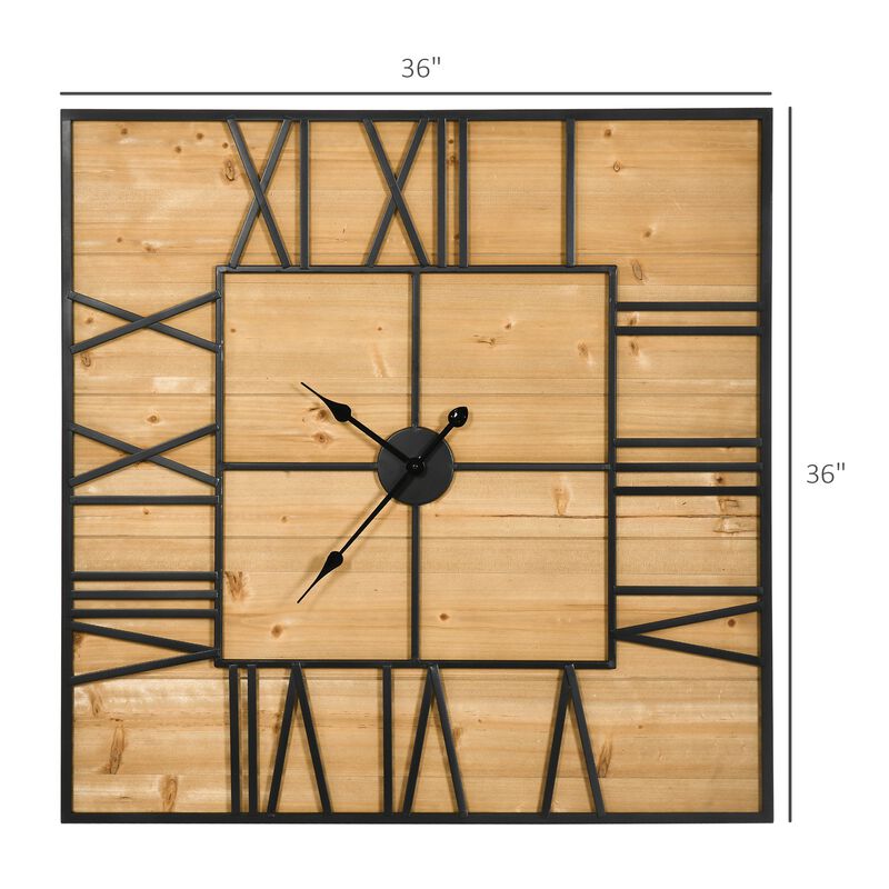 36" Large Wall Clock, Square Silent Non Ticking Metal Wood Farmhouse Roman Numeral Clocks for Living Room, Battery Operated, Black/Natural Wood