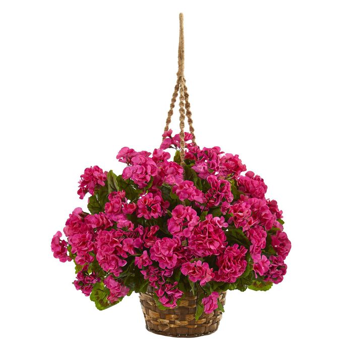 Nearly Natural 19-in Geranium Hanging Basket UV Resistant (Indoor/Outdoor)