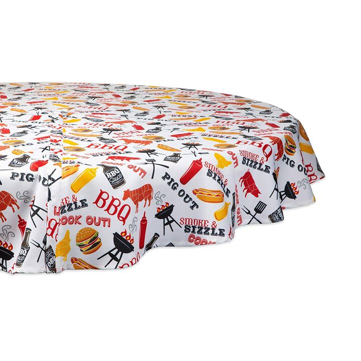 60" White and Yellow Barbeque Themed Round Outdoor Tablecloth with Zipping
