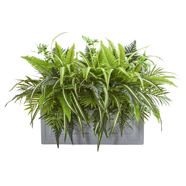 Nearly Natural 30-in Mixed Greens and Fern Artificial in Stone Planter