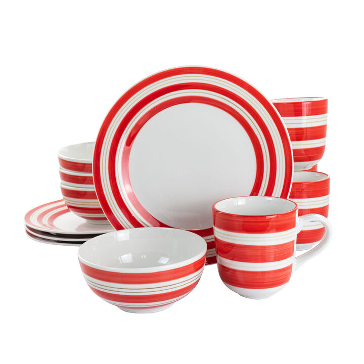Gibson Home Sunset Stripes 12 Piece Round Fine Ceramic Dinnerware Set in Red
