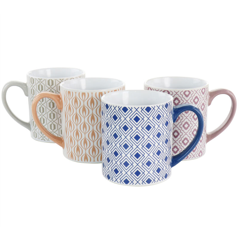 Mr. Coffee Bliss 4 Piece 20oz Can Shaped Stoneware Mug Set in Assorted Colors and Patterns