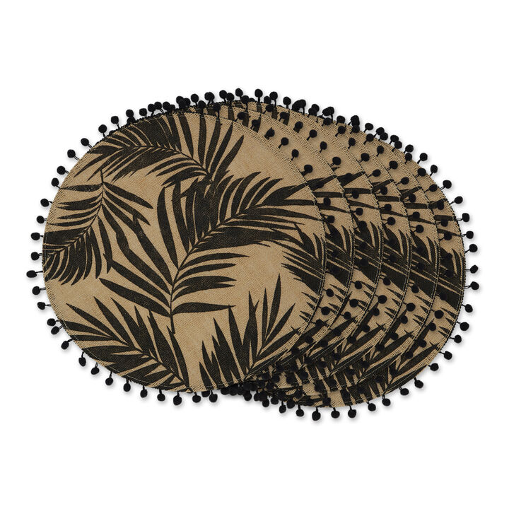 Set of 6 Black and Beige Fern Print Round Outdoor Placemats 15"