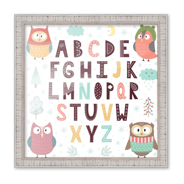 10x10 Framed Nursery Wall Art Hand Drawn Owl ABC Poster In Rustic White Wood Frame For Kid Bedroom or Playroom