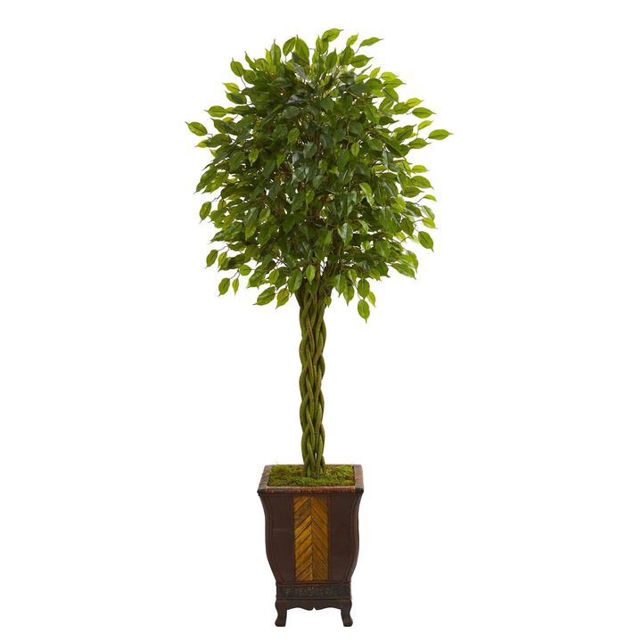 Nearly Natural 6-ft Braided Ficus Artificial Tree in Decorative Planter