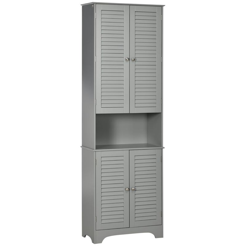 Tall Bathroom Storage Cabinet, Freestanding Linen Tower with Adjustable Shelves and 2 Cupboards with Double Door, Narrow Floor Organizer,  Grey
